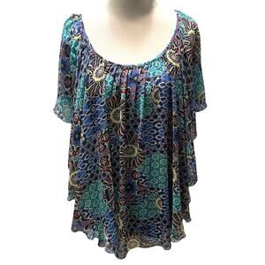 Cato Flowy Top Womens Medium Blue Floral & Attached Navy Tank Loose Relaxed